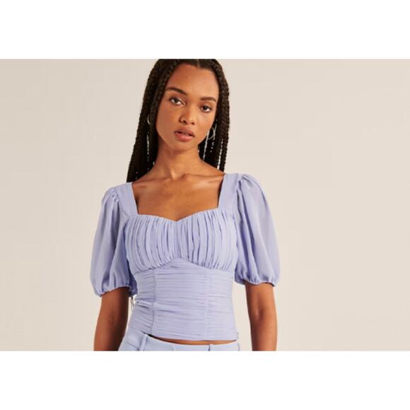 Abercrombie & Fitch Ruched Puff Sleeve Sweetheart Top - M - Picture 2 of 8